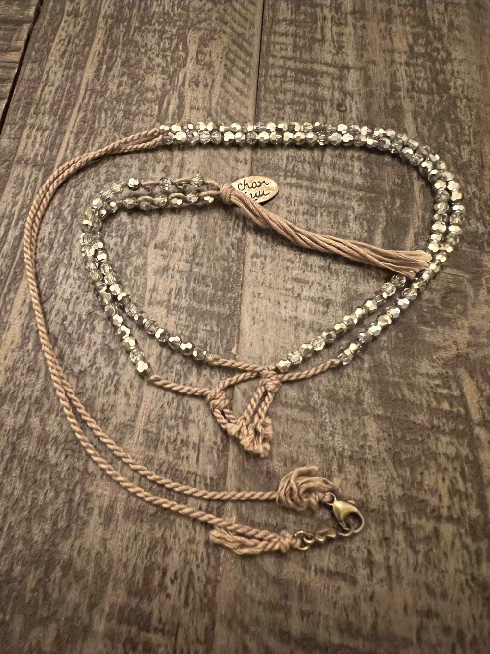 Chan Luu Beaded Tassel Necklace in Metallic Taupe 925 clasp
